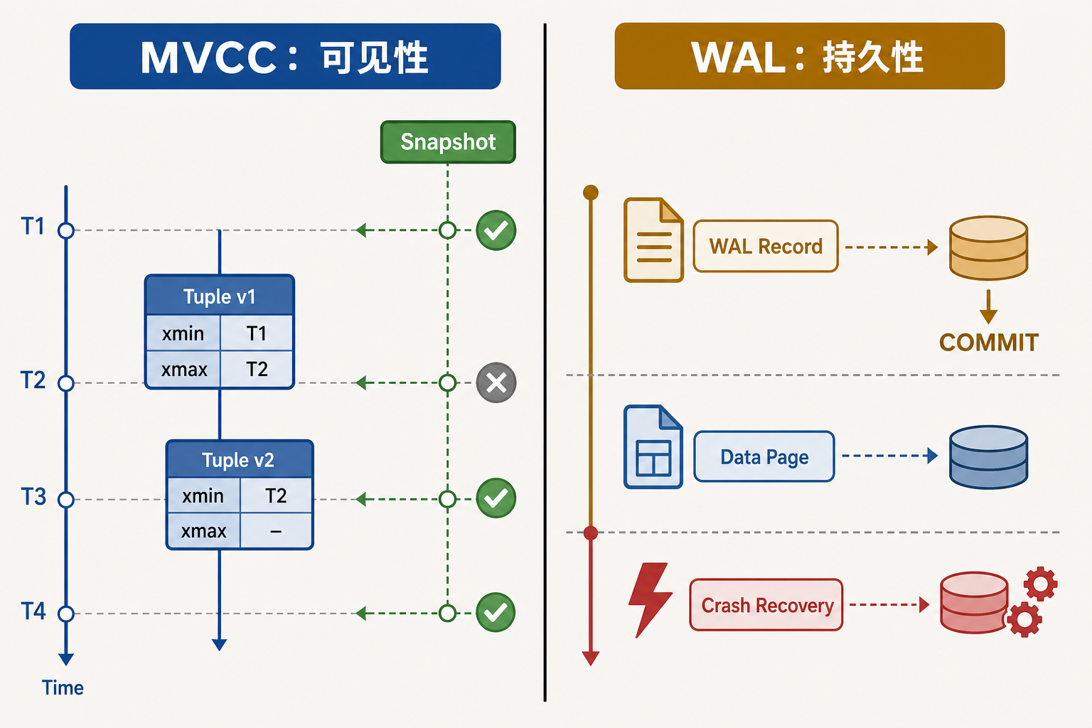 PostgreSQL MVCC 与 WAL 的职责边界