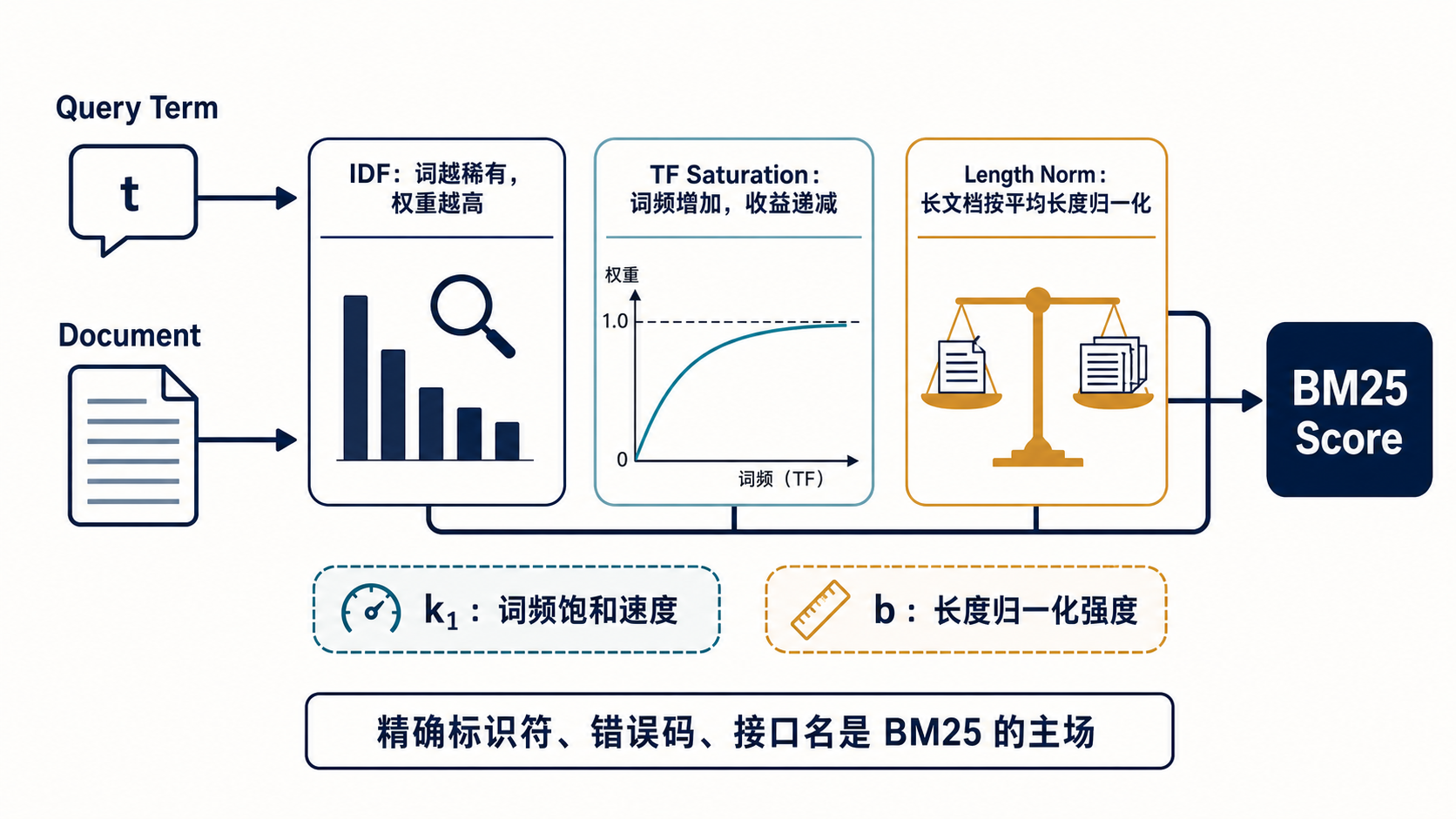 BM25 的 IDF、词频饱和与长度归一化